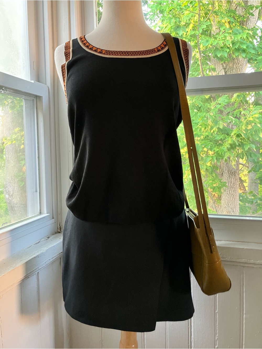 Carmen Marc Valvo Black Tank Top with Bold Orange Geometric Trim